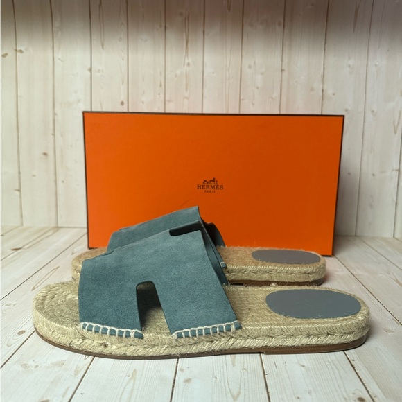 Hermes Mens Antigua Chevre Velours Espadrille Sandal Gris Antarctique Sz 43 / 10 main image 10
